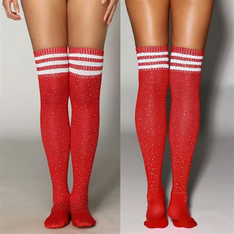 Sexy Thigh Drilling Shiny Rhinestone Over Knee High Striped Socks Stockings For Women Buy