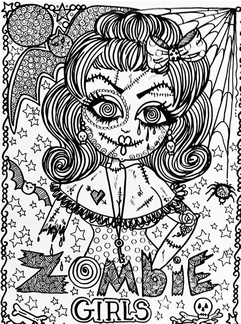 Sugar skulls via red ted art; Halloween zombie girl - Halloween Adult Coloring Pages
