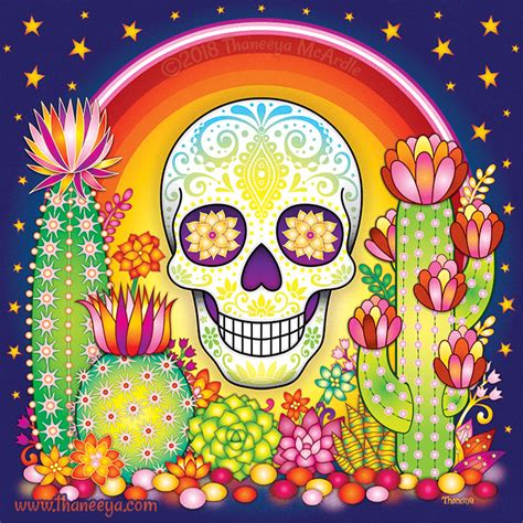 Seamless pattern with sugar skulls and flowers on dark blue background. Sugar Skull Art: Colorful Day of the Dead Art by Thaneeya ...