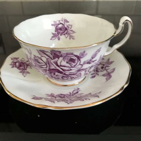 Adderley Tea Cup And Saucer England Rare Fine Bone China Purple Rose Outlines Gold Trim