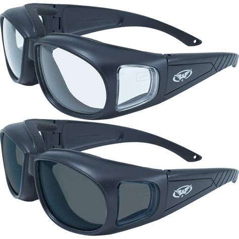 2 Motorcycle Safety Sunglasses Fits Over Most Rx Glasses Smoke And Clear Day And Night Usage Meets