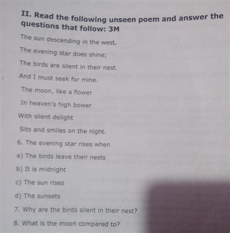 Unseen Poem For Class 6 In English With Questions And Answers
