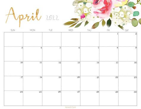 Floral April 2022 Calendar Printable Cute Designs