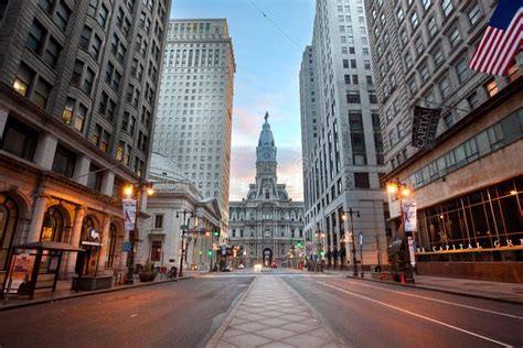 City Hall And Empty Broad Street At Dawn In Philadelphia Editorial