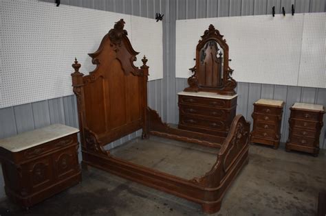 Lot Walnut Victorian Bedroom Set With Marble Tops