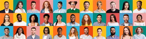 Collage Of Diverse People Portraits On Colorful Backgrounds Panorama