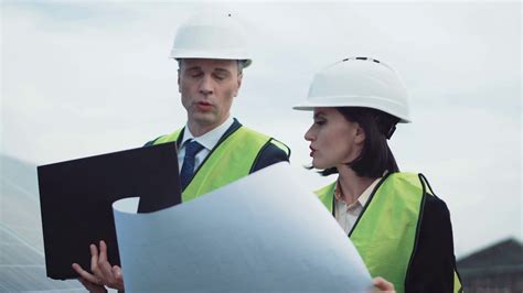 The engineer supervisors standing with blueprint between row of solar