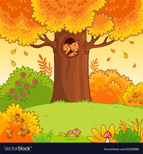 The Squirrel Sits In A Hollow Autumn Forest In Cartoon Style Vector
