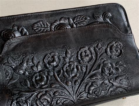 Black Tooled Leather Purse Handbag Vintage 60s 70s Hand Tooled Floral