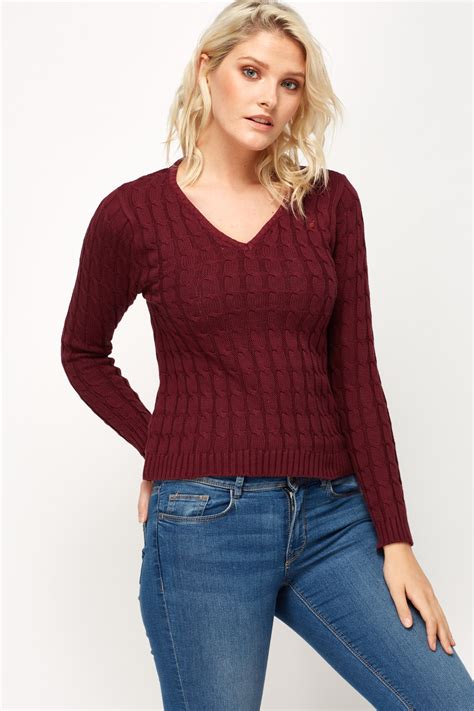 V Neck Cable Knit Casual Sweater Just