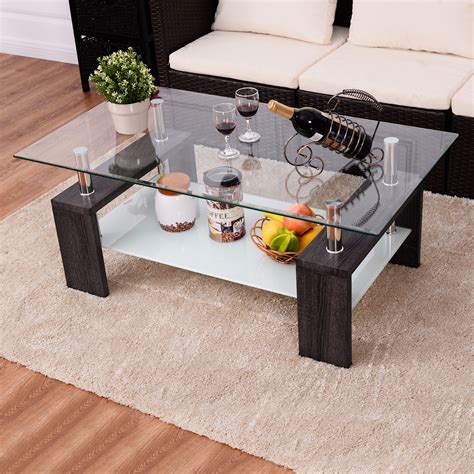 Giantex Rectangular Home Tempered Glass Coffee Table With Shelf Modern