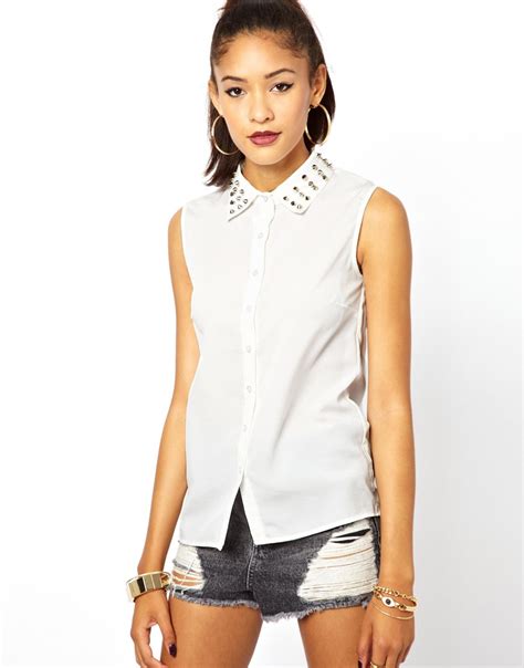 Glamorous Sleeveless Blouse With Studded Collar In White Lyst