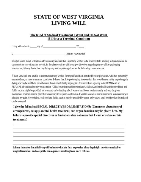 Free West Virginia Living Will Form Pdf Eforms