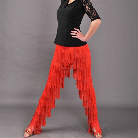 Women Latin Dance Pants Girls Red Black Tassel Black Latin Tango Dance Cha Cha Latin Dance