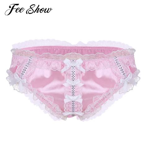 mens shiny ruffled floral lace briefs panties frilly knickers soft satin lingerie low rise