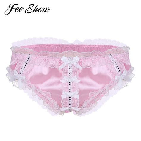 Mens Shiny Ruffled Floral Lace Briefs Panties Frilly Knickers Soft Satin Lingerie Low Rise