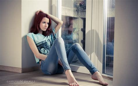 Jeans Barefoot Redhead Hands On Head Wallpapers Hd Desktop And
