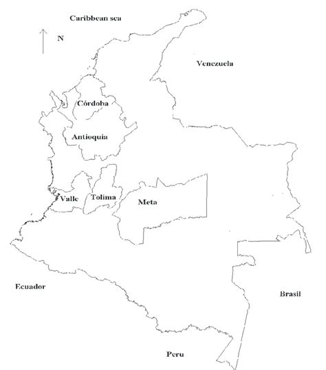 Mapa De Colombia Con Los Departamentos De Córdoba Meta Tolima Y Valle