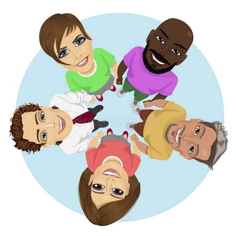 Group Of Multiracial Young People In A Circle Looking Up Holding Their
