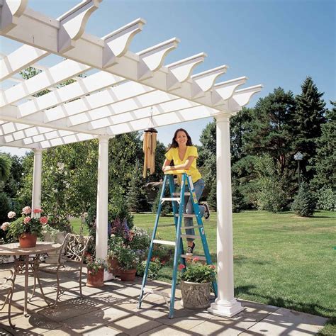 Drill a hole in each mark, insert an expansion anchor through the bracket into the concrete, and tighten it with a ratchet. How to Build a Pergola: Pergola Plans — The Family Handyman