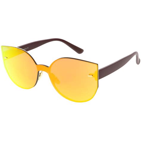 Oversize Rimless Mono Block Mirrored Flat Lens Cat Eye Sunglasses Zerouv