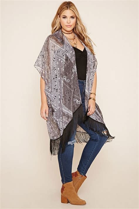 Forever 21 A Semi Sheer Ornate Print Kimono Featuring An Open Front Short Sleeves And A
