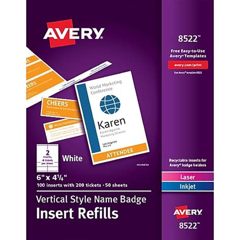 Avery Vertical Style Laserinkjet Name Badge And Ticket Inserts 6 X 4 1