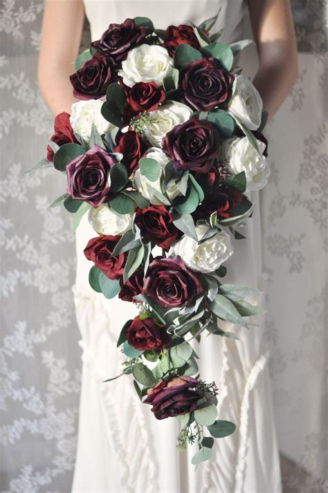 Diy cascading wedding bouquet fake flowers. Cascade Bouquet, Wedding Flowers, Burgundy Bouquet, Silk ...