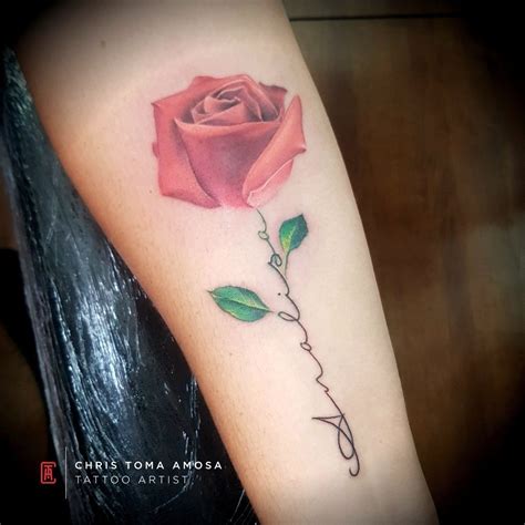 Rose Tattoo With Lettering For Stem Rose Tattoo With Name Rose Stem