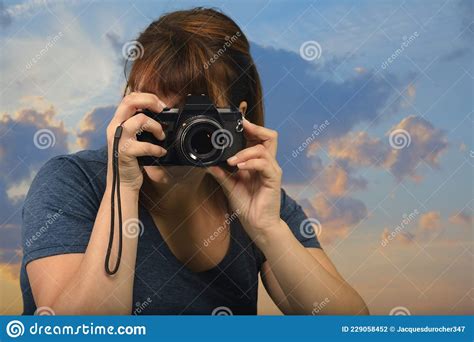 Holding Dslr Camera Professional Photographer Woman Taking Picture Sky
