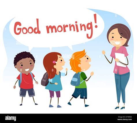 Illustration Of Stickman Kids Saying Good Morning And Greeting Their