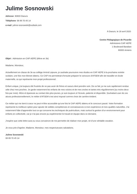 Lettre de motivation CAP Petite Enfance / CAP AEPE [modèle]