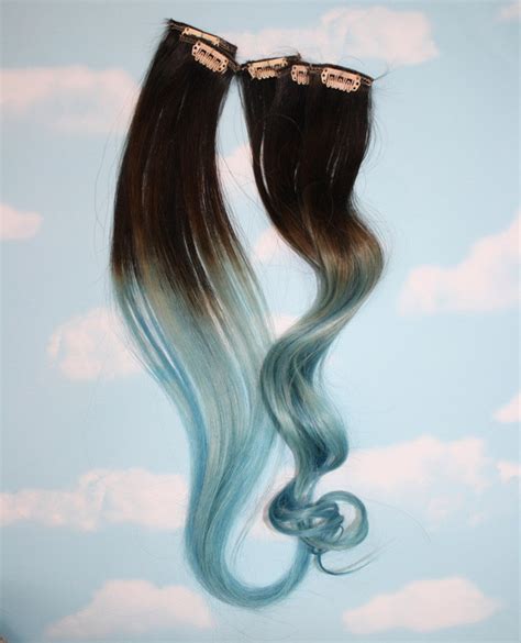 Light Blue Dip Dyed Hair Extensions For Brown Hair 20 22 Etsy