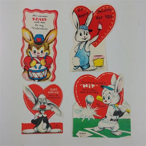 Lot Of Vintage Valentines Greeting Cards Bunny Rabbits Etsy