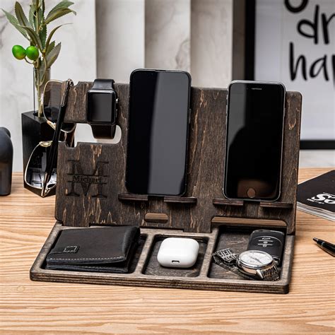 Mens Docking Station Anniversary T Desk Organiser Solid Wood