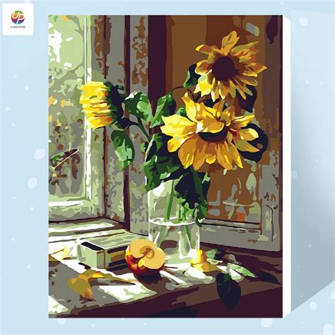 Sunflower Vase Window Scenery Frameless Digital Painting By Number
