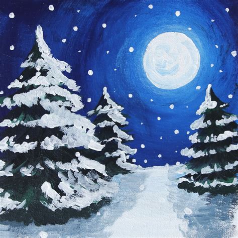 An Acrylic Painting Of Snow Covered Pine Trees In Front Of A Full Moon