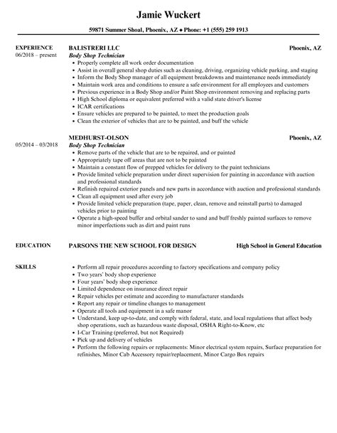 Body Shop Technician Resume Samples | Velvet Jobs