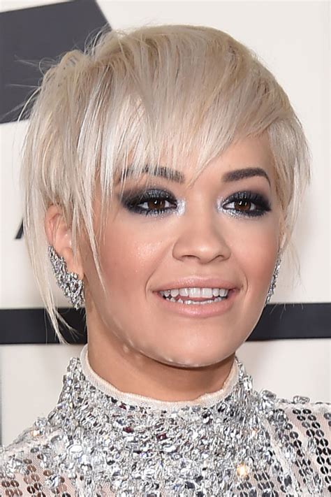 Rita Ora Straight Platinum Blonde Asymmetrical Pixie Cut