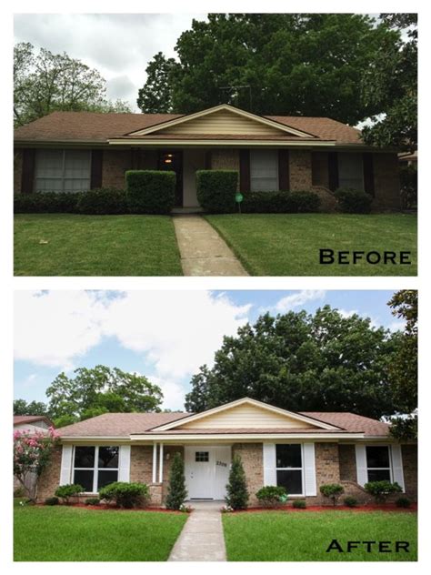 This way the house will not look too cold once the trim is painted black/white/grey. Ranch home. Light brown brick. White shutters. White trim ...
