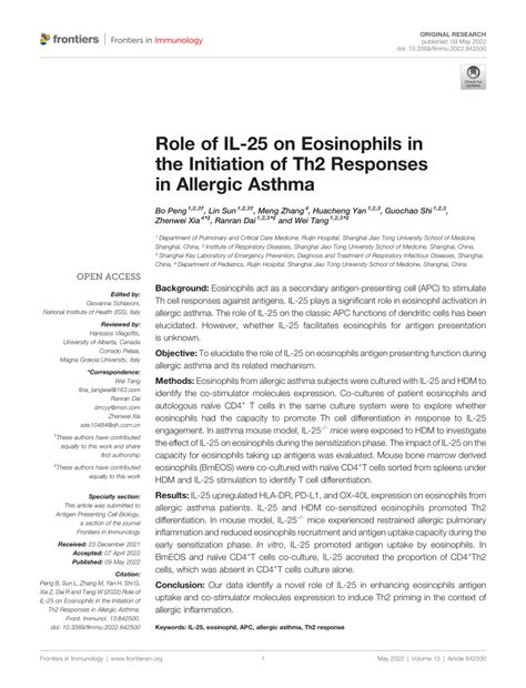 Pdf Role Of Il 25 On Eosinophils In The Initiation Of Th2 Responses