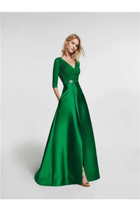 Long sleeve a line dress with pockets. A Line V Neck Sleeved Long Emerald Green Satin Prom Dress ...
