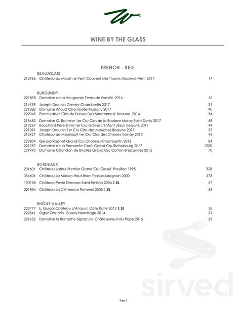 Wally's Las Vegas menu in Las Vegas, Nevada, USA