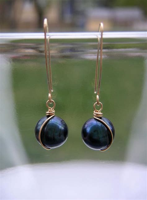 Dark Blue Pearl Drop Earrings Small K Gold Fill Dangles Wire Etsy