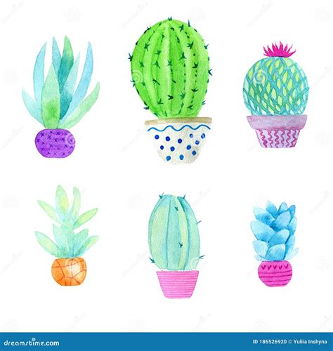 Watercolor Cacti And Succulents In Pots Isolated Stock Illustration