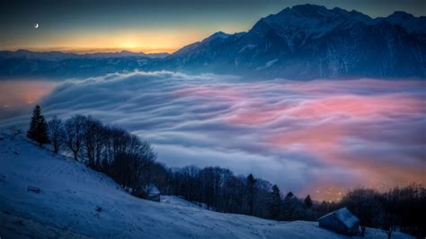 Landscape Nature Clouds Mist Moon Hut Snow Switzerland