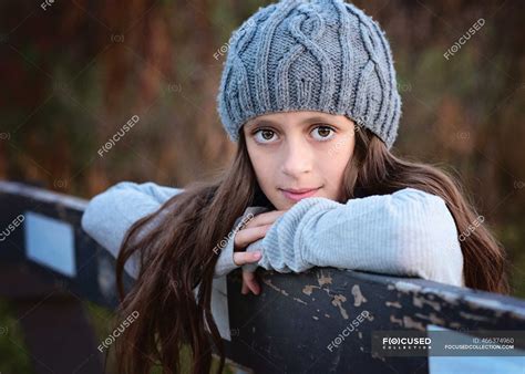 Beautiful Young Tween Girl In Sweater And Hat Outdoors In Fall — Hair