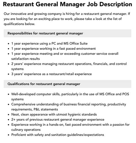 Restaurant General Manager Job Description Velvet Jobs