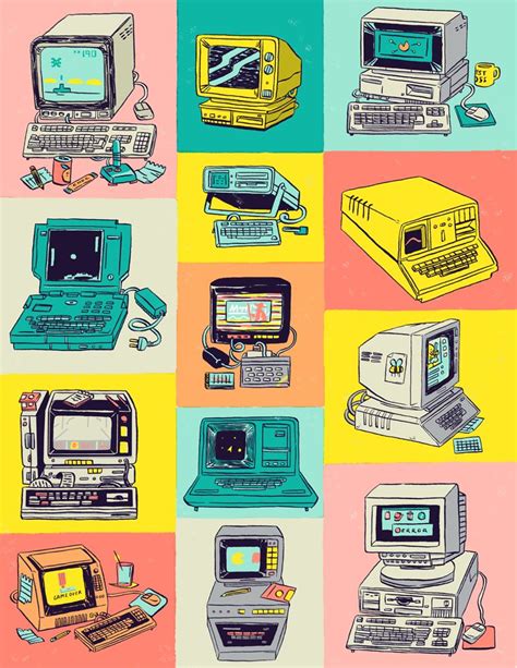 An Image Of Old Computers On Different Colored Squares With The Same