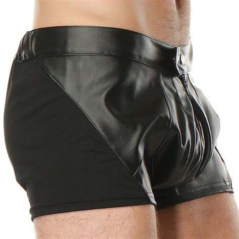 Mens Faux Pu Leather Shorts Zipper Front Black Bermuda Masculine Shorts Men Clothes For Sexy